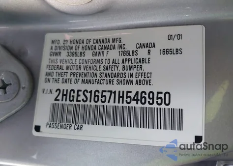 2001 Honda Civic Lx from USA, damaged, VIN 2HGES16571H546950